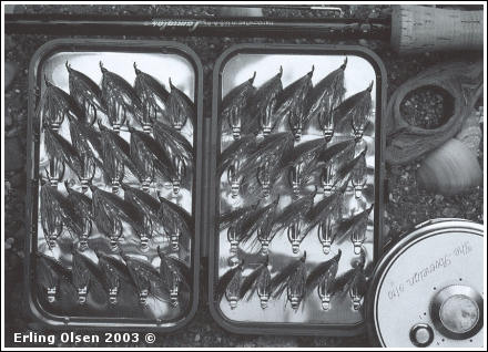En flueboks med Erling Olsens "Brownies" - fjærvinger og hårvinger. Av Erling Olsen 2003 ©